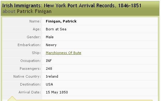 1850 Marchioness of Bute, Index of  Passengers, Finnigan